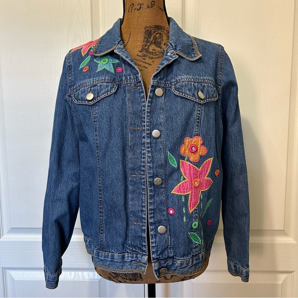 Susan Bristol Vintage Hand Embroidered Medium Wash Denim Jean Jacket Large